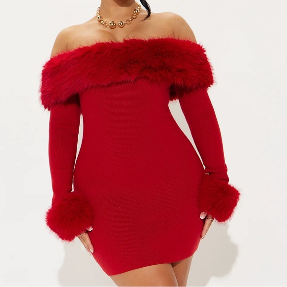Fashion Nova Dresses & Skirts - Fashion Nova Red Off-Shoulder Faux-Fur Trim Mini Dress